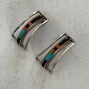 Vintage NATIVE AMERICAN Sterling Silver, Turquoise, Coral & Onyx Huggie Earrings